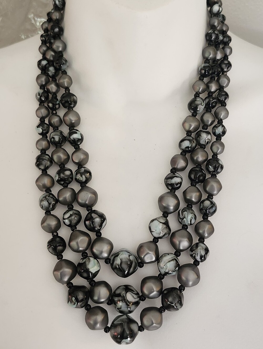 Vtg Hong Kong Triple Strand Gray & Black Marbled Bead Necklace